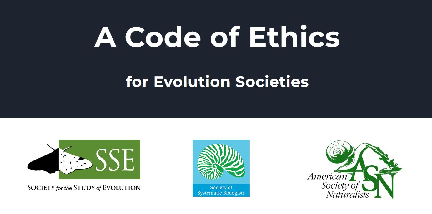 The words A Code of Ethics for Evolution Societies in white on a dark blue background above the logos for SSE, SSB, and ASN.